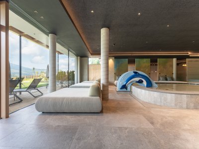 Area spa moderna con lettini e piscina con decorazioni a delfino, grandi finestre con vista montagna