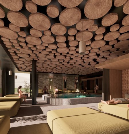 Moderner Ruheraum mit gelben Liegen und Indoor-Pool unter Holzdecke