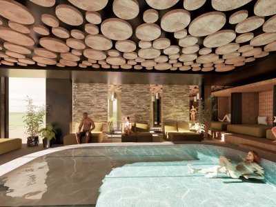 Ruheraum mit Indoor-Pool, Holzdecke und grünen Liegen