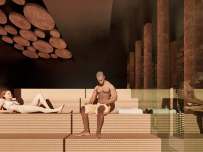 Zwei Personen entspannen in moderner Holzsauna mit dunkler Decke