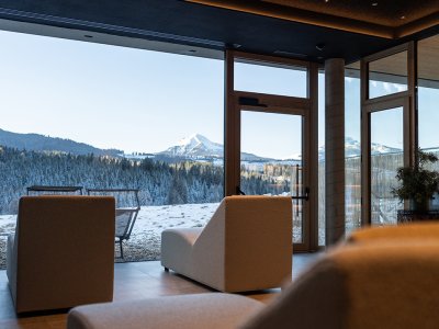 Modern lounge with large windows overlooking snowy mountains and forest