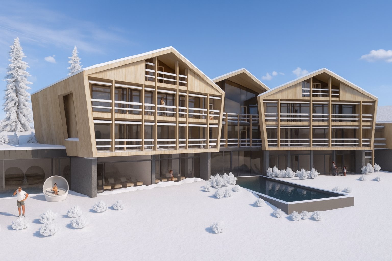 Hotel with wooden facade in winter, snowy garden and outdoor pool
