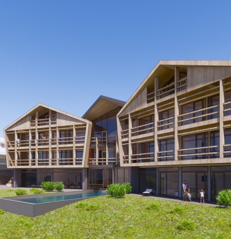 Vista posteriore della Residence Ortnerhof con piscina e balconi