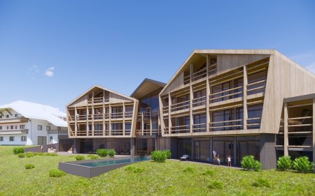 Rückansicht der Residence Ortnerhof mit Pool und Balkonen