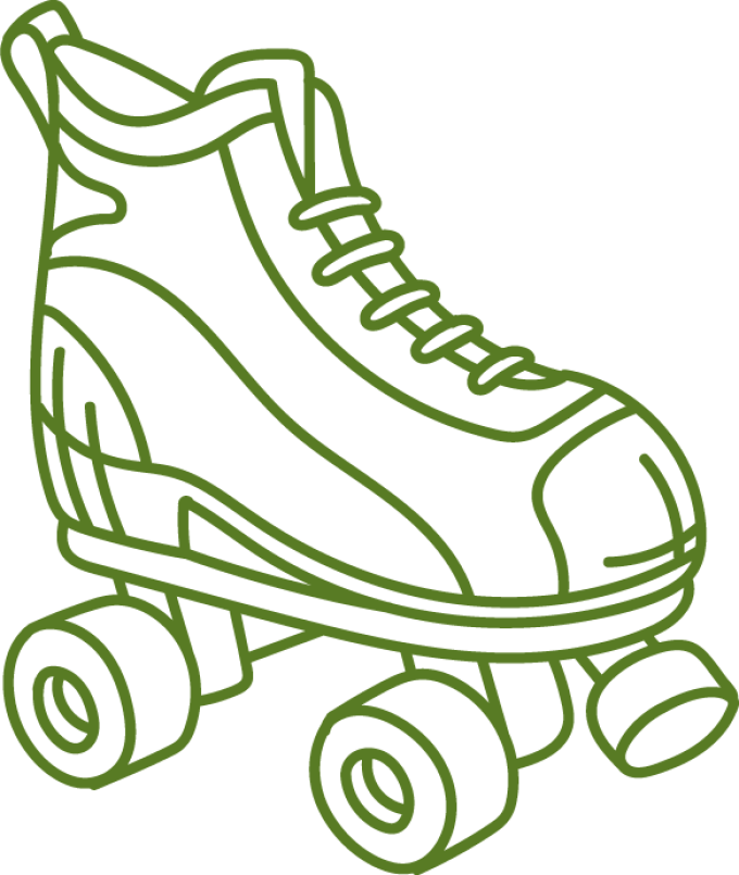 Grüner Rollschuh im gezeichneten Stil mit vier Rollen