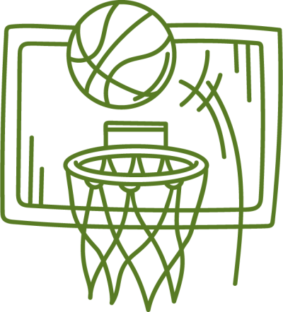 Canestro da basket verde disegnato con palla e traiettoria