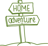 Grünes Wegweiserschild mit „Home“ und „Adventure“