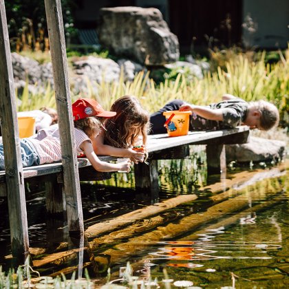 Bambini esplorano l'acqua con lente dal pontile