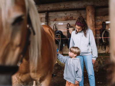 Kind bürstet Pferd im Stall, betreut von junger Frau in grauem Hoodie