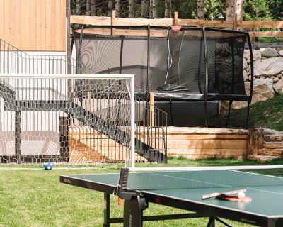 Tischtennisplatte im Vordergrund, Fußballtor und Trampolin im Garten vor Holzhaus
