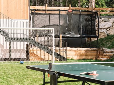Tischtennisplatte im Vordergrund, Fußballtor und Trampolin im Garten vor Holzhaus