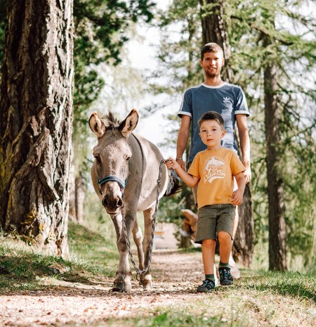 Kleiner Junge mit Mann führt einen Esel auf einem Waldweg.