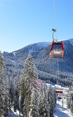 Rote Gondel und Sessellift über verschneiten Tannen und Bergen bei Sonnenschein.