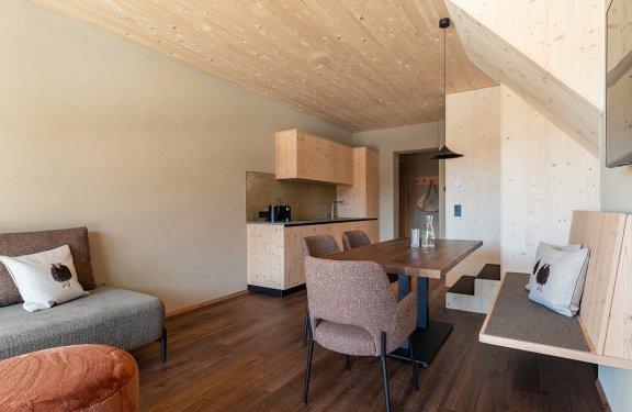 Modern living area with wooden furniture, dining table, chairs, and sofa with cushions